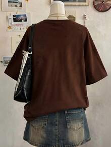 Lalippa Tiger Pattern Digital Print Fashion Minimalist Women's Oversized Mid-Length Round Neck Drop Shoulder T-Shirt, Gift For Friends - Brown - View 2
