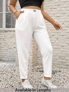 SHEIN PETITE CURVE 大尺碼女款字母印花牛仔口袋休閒百搭長褲 - 白色 - 查看 1