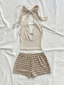 Soleia Setelan 2 Potong Wanita Ukuran Plus dengan Dekorasi Kerang Pantai, Atasan Tank Top Model Halter Berongga dan Celana Pendek Motif Gelombang - MultiWarna - View 2