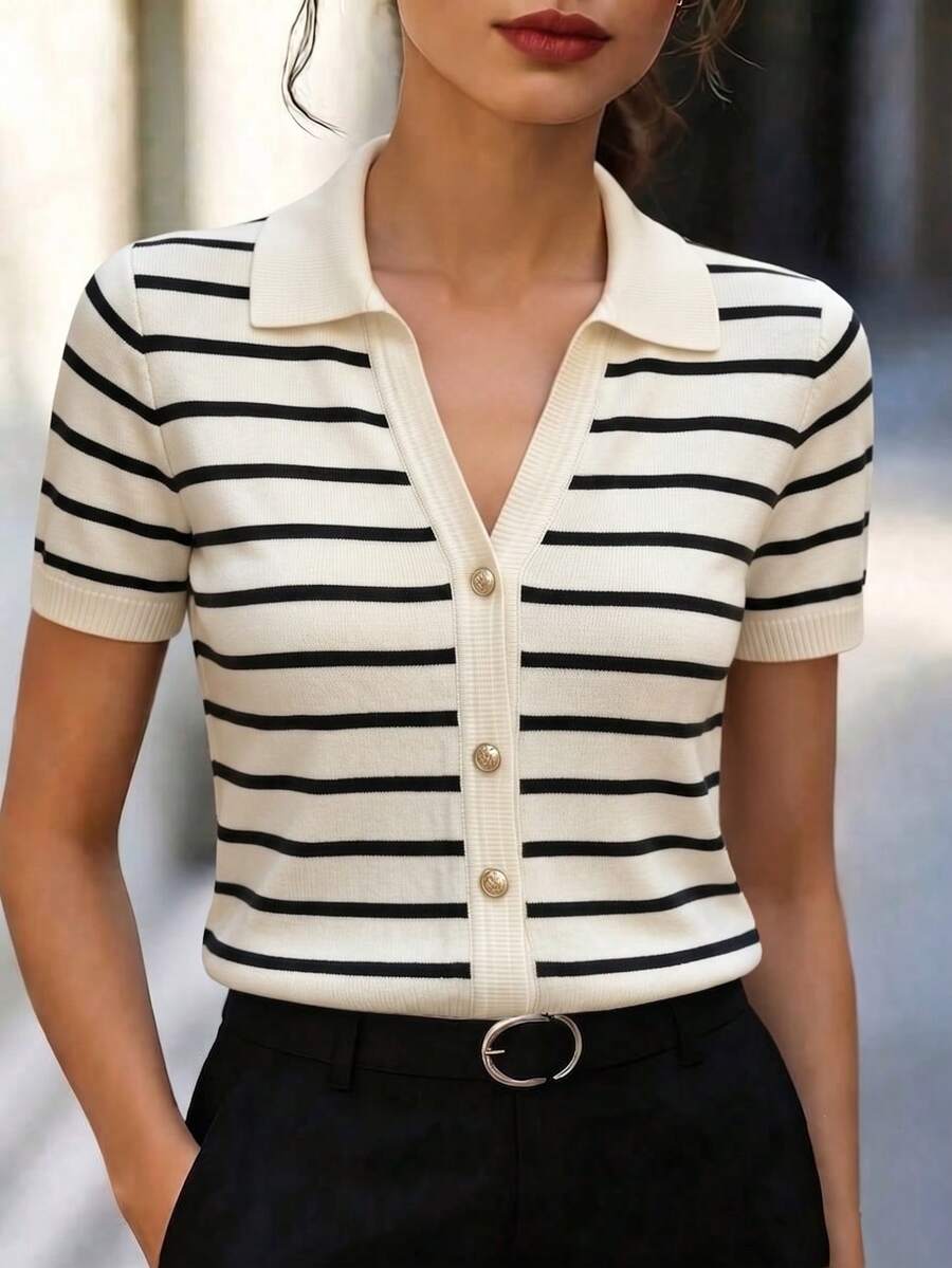 SHEIN 新款夏季溫柔韓系休閒通勤百搭女款POLO領針織上衣 - 黑與白 - 查看 1