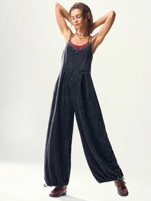 Bohemela Casual Knit Spaghetti Strap Wide Leg Women's Jumpsuit Vacation Dark Green Summer - Black - View 4