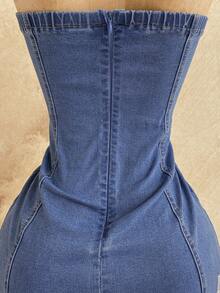 Soleia Women's Fashion Versatile Lace Patchwork Pleated Strapless Denim Dress - Baby Blue - View 6