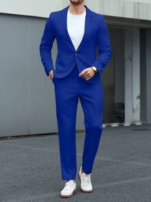 Manfinity Mode Men's Lapel Collar Casual Suit Set, Spring/Summer Formal, Ceremony - Royal Blue - View 5
