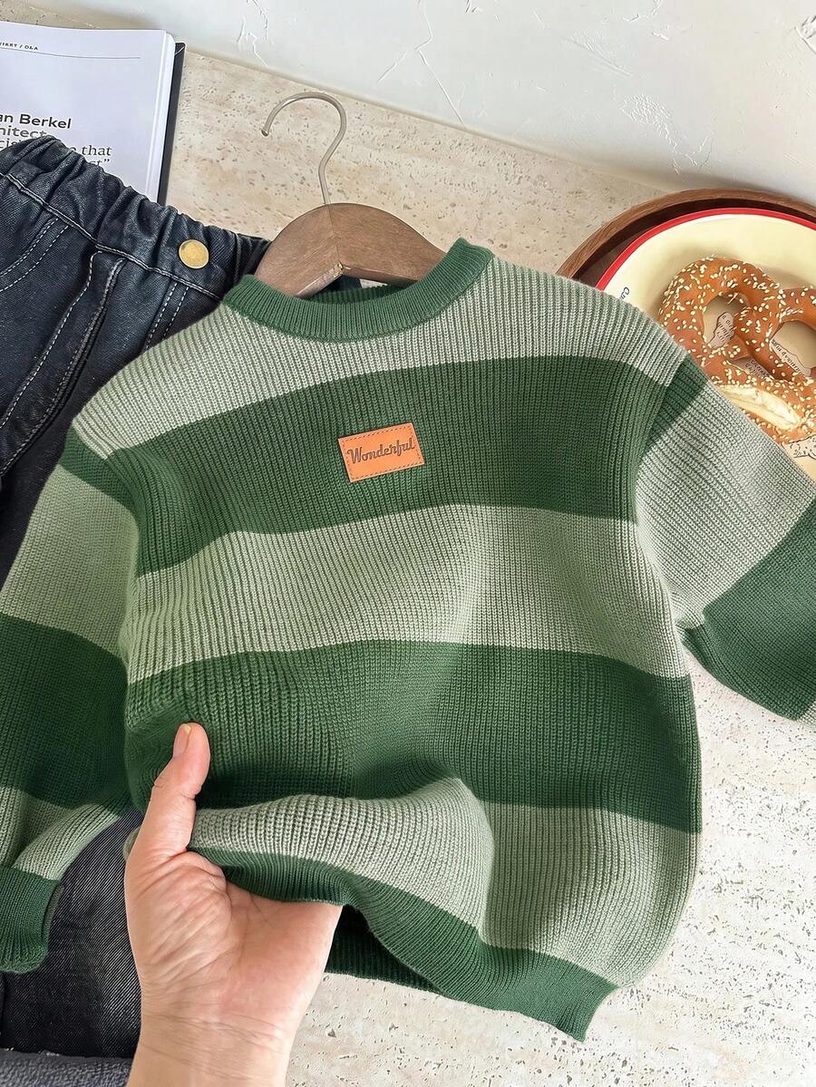 SHEIN LMoss Kids 小男孩休閒修身兒童長袖針織秋季毛衣,復古學院風,適合通勤、上學、休閒、街拍、派對、外出 - 彩色 - 查看 1
