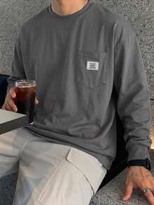DAZY 春季灰色長袖收口寬鬆版型口袋貼布男士T恤 - 灰色 - 查看 4