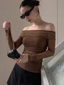 DAZY Women's Elastic Mesh Sheer One-Shoulder Top, Spring/Summer Off The Shoulder Going Out Tops - Rust Brown - View 9