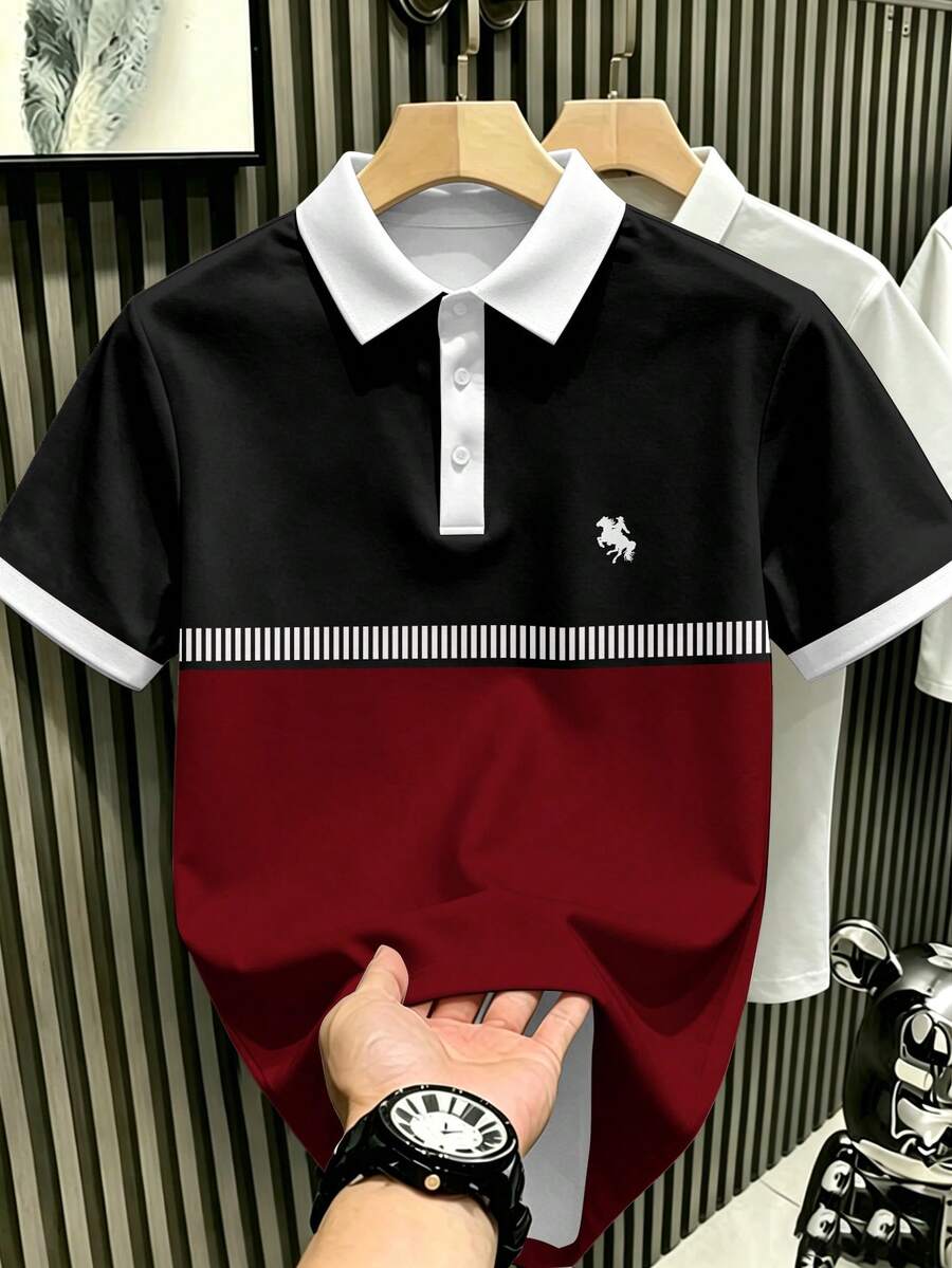 Manfinity Hypemode 男士復古運動風拼色條紋貴族馬標誌剪影 Polo 衫 - 彩色 - 查看 1