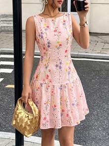 Flora Isola Flora Isola 女款夏季白色花卉印花鏤空刺繡無袖荷葉邊修飾A字短洋裝 - 淺粉色 - 查看 8