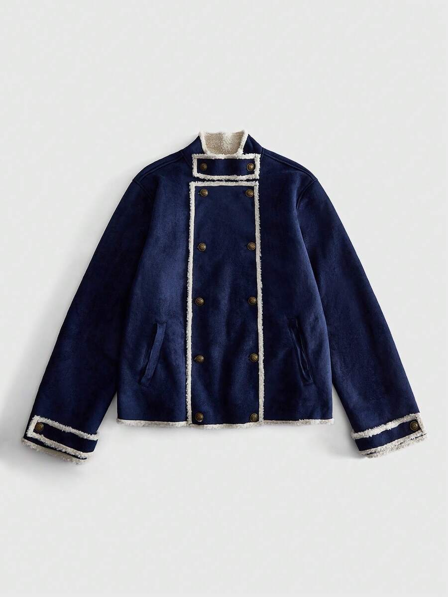 ROMWE MEN Men's Colorblock Stand Collar Fashion Versatile Casual Jacket - Blue - View 1