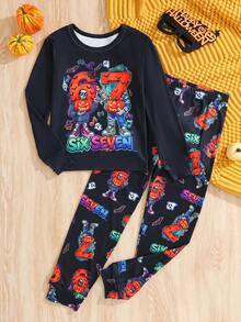 SHEIN 2件組兒童青少年男孩休閒日常舒適印花67圖案圓領套頭睡衣上衣與長褲針織居家緊身套裝，適合萬聖節 - 黑色 - 查看 3