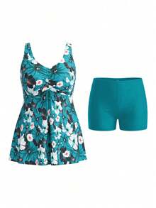 Swim Lushoire Setelan Baju Renang Tankini dan Celana Pendek Motif Bunga Ukuran Besar untuk Wanita, Cocok untuk Liburan Musim Panas dan Liburan Pantai, Warna Teal - MultiWarna - View 7
