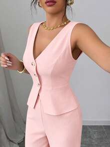 Elenzga Women's Elegant Sleeveless Blazer Vest And Pants Suit Set, Business/Commute Style, Summer - Pink - View 3
