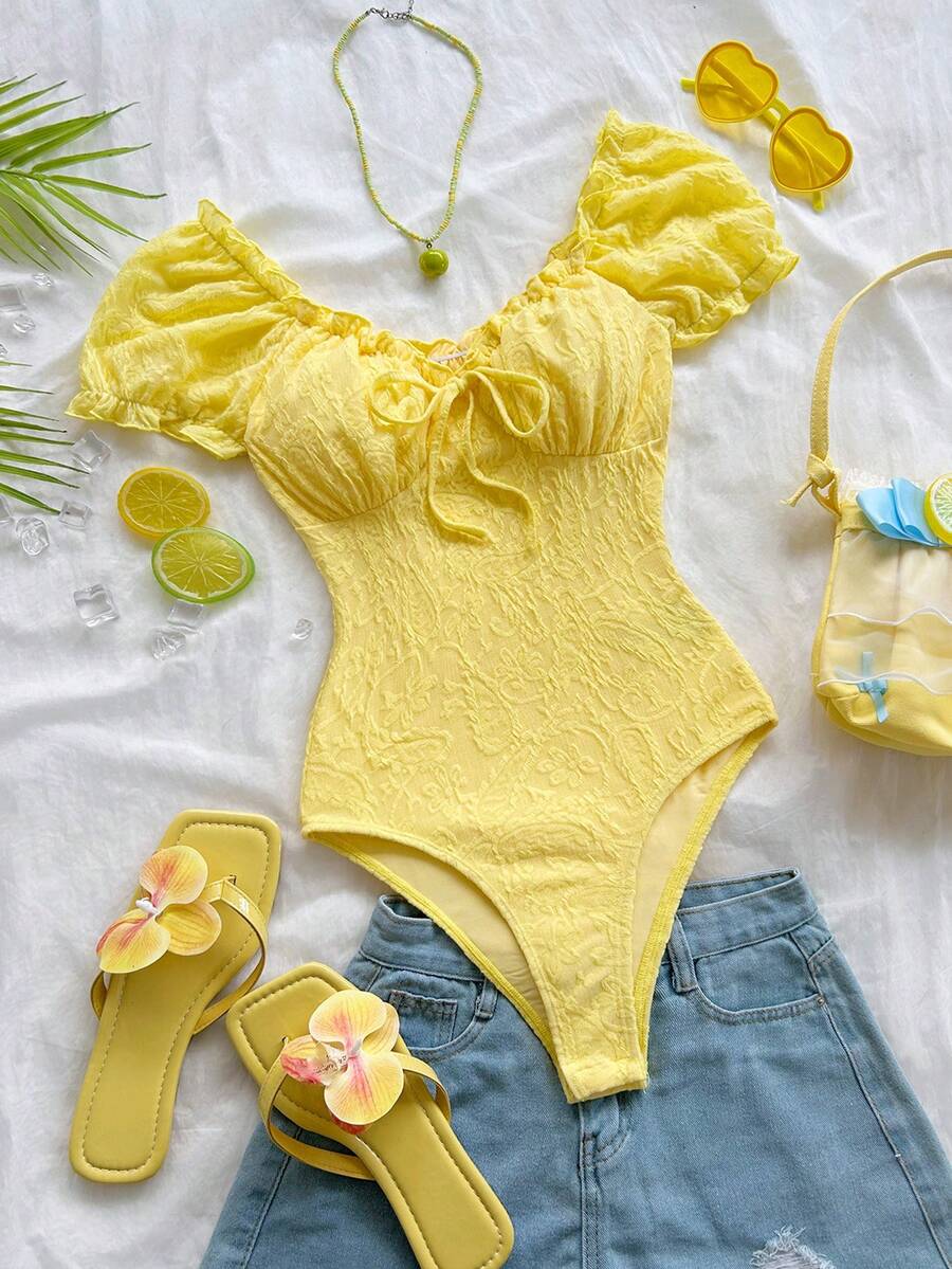 Soleia Women's Plus Size Yellow Puff Short Sleeve Textured Fabric Bodysuit - Yellow - View 1