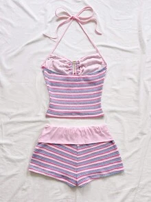 Soleia Women's Plus Size Striped Pleated Halter Neck Tank Top And Shorts 2-Piece Set - Pink - View 2