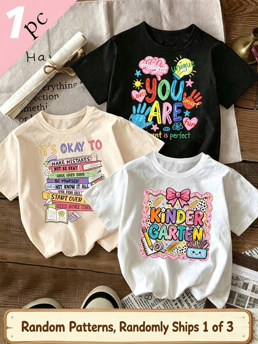 Souflis Souflis 1件隨機款 3款女童幼兒返校季創意卡通文具花卉棕櫚書本裝飾圖案彩色字母印花基本款短袖T恤 - 黑色 - 查看 1