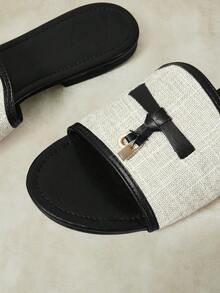 Styleloop Retro Color Matching Square Toe With Sandals Women Wear Linen Breathable Slouchy Sandals In Summer, Holiday Shoes - Black - View 3