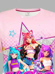 青少年女孩休閒極簡 K-Pop 卡通女孩，彩色漸層，K-Pop 超級明星，卡通女團，短袖中長洋裝，適合夏季 - 彩色 - 查看 4
