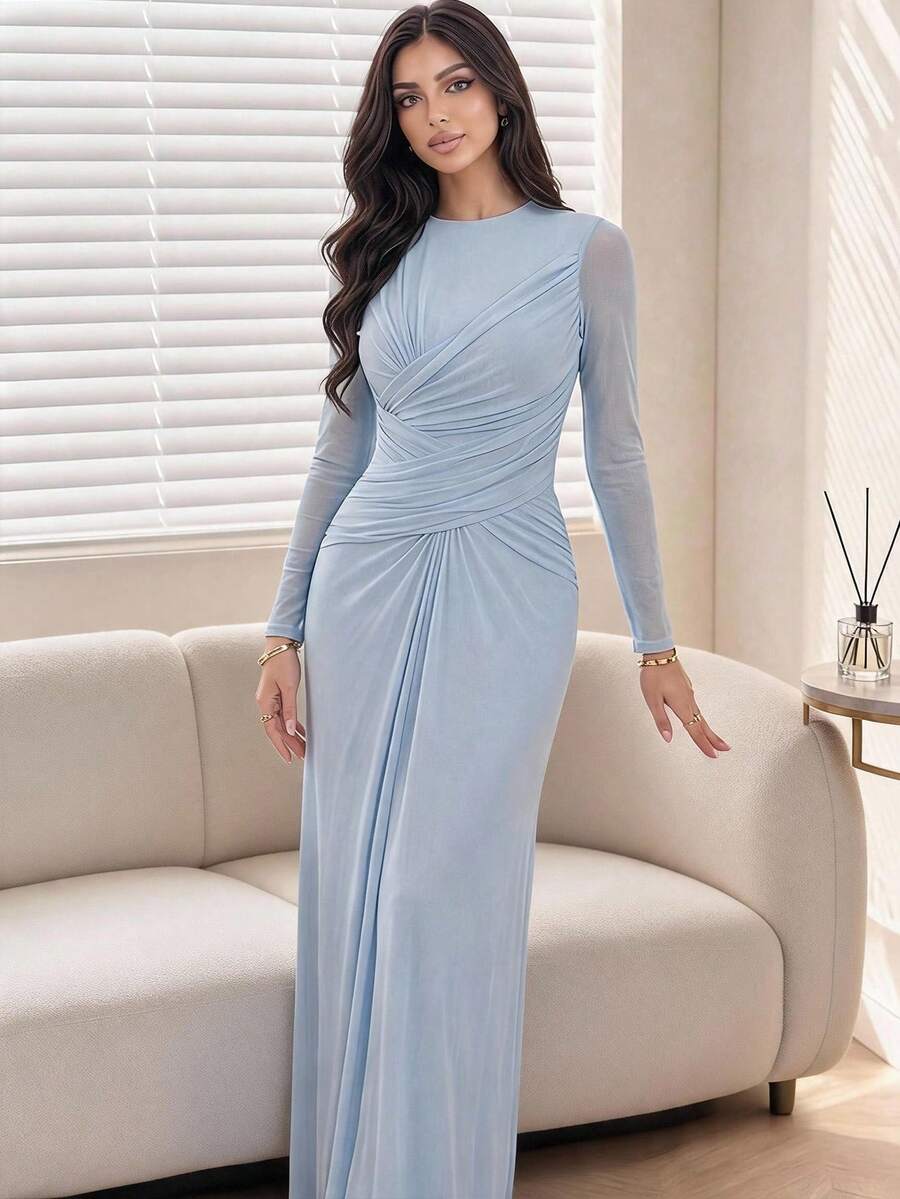 Veilorie فستان نسائي أنيق بلون موحد وياقة دائرية وأكمام طويلة وتصميم مطوي