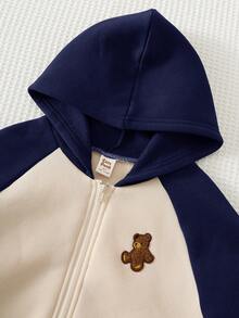 Cozy Pixies Young Boys Hoodie & Sweatshirt Co-Ords Cartoon Bear Pattern Color Block Raglan Long Sleeve Winter Jacket Elastic Waist Long Pants 2-Piece Set Fleece Lined Brushed Thick Style Suitable For Winter - Multicolor - View 3