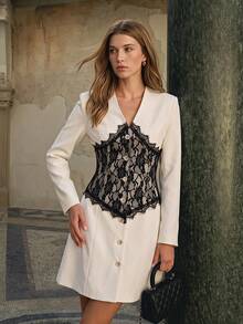 Enchnt Premium Pre-Fall Romantic Women's Elegant White Contrast Color Lace Blazer Dress,Casual Dress,Work Outfits,Formal Wear,Office Outfits For Women - White - View 8