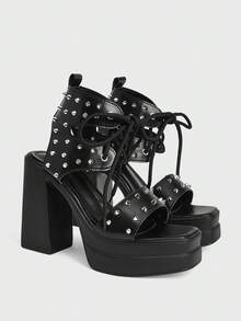 Sugerpunk Women's Thick Sole High Heel Sandals Punk Style Solid Color Lace-Up Open Toe Shoes With Rivet Embellishment For Nightclub Party - Black - View 3
