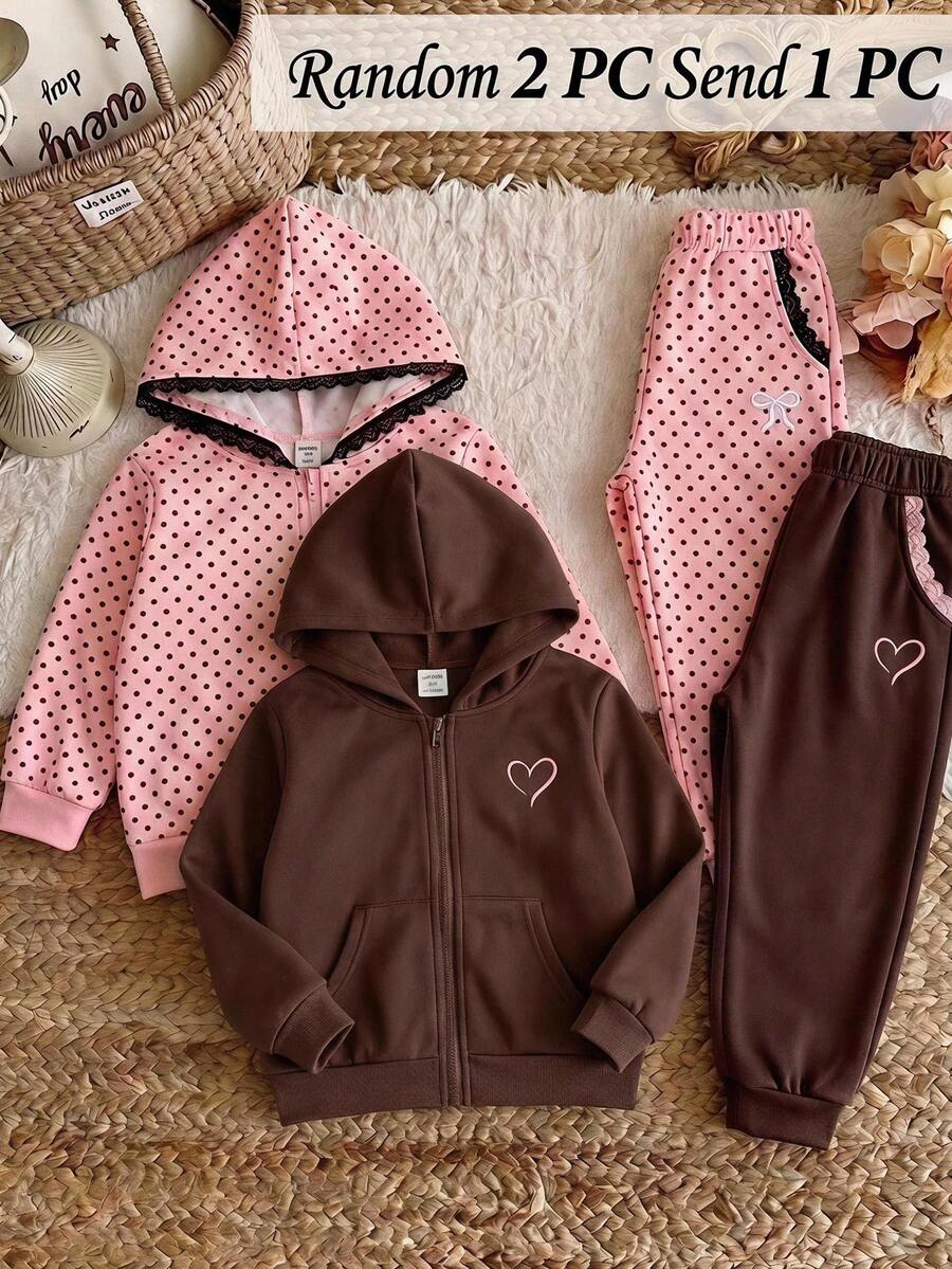 SHEIN 女童波點印花長袖拉鍊連帽運動衫 - 彩色 - 查看 1
