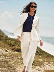 Nima Coro Linen Lyocell Fabric Elegant Preppy Classy Commute Office Formal Minimalist Old Money Teachers' Day Blazer With Lapel Lining Side Slit Metal Buttons - Apricot - View 8
