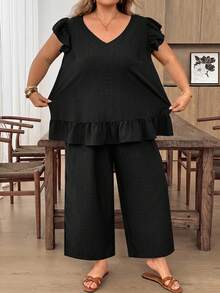 SHEIN CURVE+ 2件組大尺碼女款純色後背單排鈕扣短袖襯衫與長褲套裝 - 黑色 - 查看 4