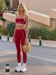Pariaura Women's Contrast Color Camisole Top And High Waist Leggings Casual Daily Sports Outfit - Burgundy - View 5