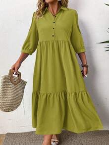 SHEIN LUNE Plus Size Solid Color Mid-Length Sleeve Ruched Front Button Simple Casual Dress, For Thanksgiving Maxi Women Outfit Fall - Olive Green - View 5