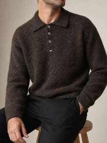 Manfinity Homme Deep Brown Mottled Soft Knit Turn Collar Sweater - Coffee Brown - View 1