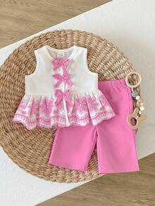 SHEIN Playful Pals 新生女嬰夏季無袖圓領前扣蝴蝶結下擺刺繡彈性腰直筒褲套裝 - 粉色 - 查看 3