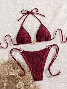 SHEIN Swim 春夏女款兩件式泳衣套裝，性感度假風優雅浪漫掛脖綁帶蕾絲金屬環沙灘泳裝套裝 - 酒紅色 - 查看 5