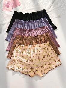 PetitDoll Set de 5 bragas tipo short cómodo de algodón acanalado con estampado floral y ribete de volantes - Multicolor - Ver 2