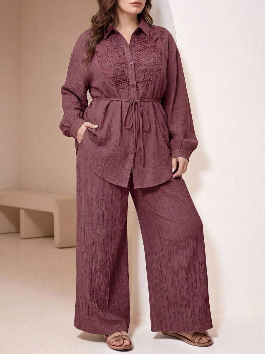 Al Najma Plus Size Women Solid Color Contrast Lace Long Sleeve Single-Breasted Shirt And Pants Conservative Arabic Outfit - Dusty Pink - View 1