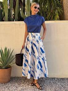 DAZY Women's Elegant Solid Color Draped Neck Top And Contrast Floral A-Line Skirt 2 Pieces Set, Summer - Blue - View 10