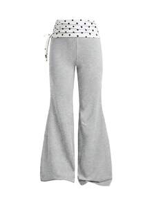 SHEIN 青少年女孩春夏休閒拼接撞色直筒長褲 - 灰色 - 查看 3