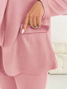 Shapeblank Plus Size Women Solid Color Long Sleeve Jacket And Pants Casual Daily 2 Pieces Set Fall - Pink - View 8