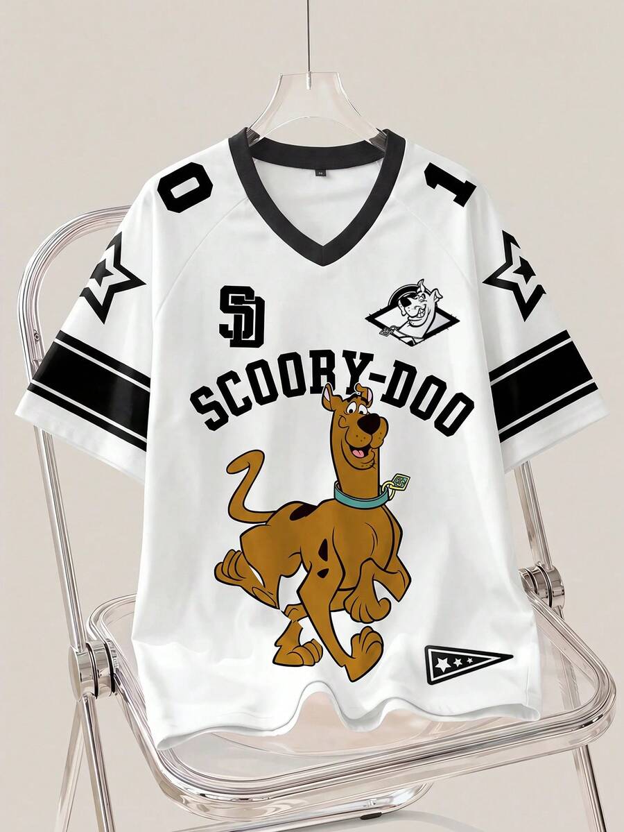 SCOOBY-DOO X SHEIN 女式休闲拼色字母与小狗图案 V 领短袖 T 恤,夏季 - 白色 - 查看 1