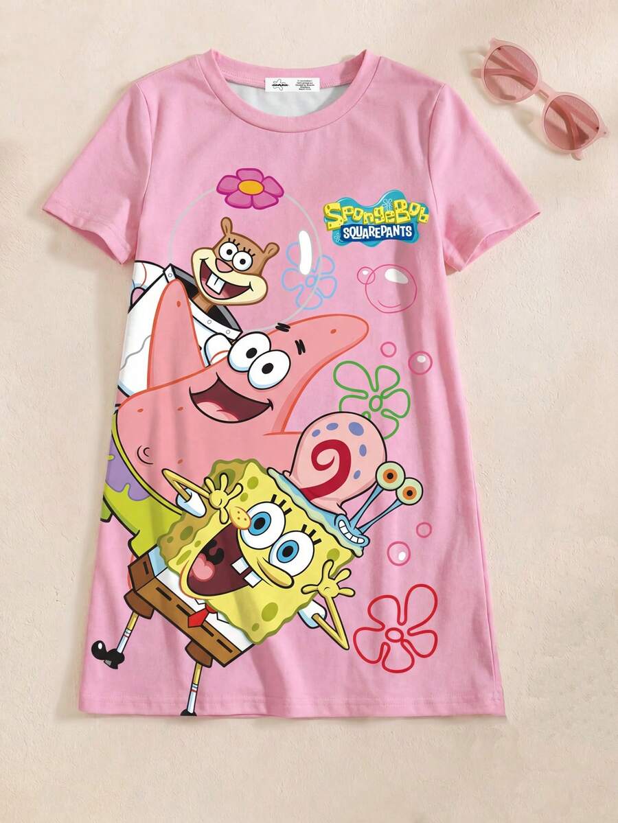 SpongeBob SquarePants | SHEIN 少女圆领短袖粉色舒适休闲可爱卡通帕特里克、桑迪、加里花卉字母图案夏装 - 白色 - 查看 1