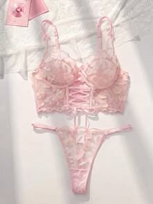 PetitDoll 2pcs Romantic Embroidered Hollow-Out Underwire Lingerie Bra & Panty Set - Pink - View 1