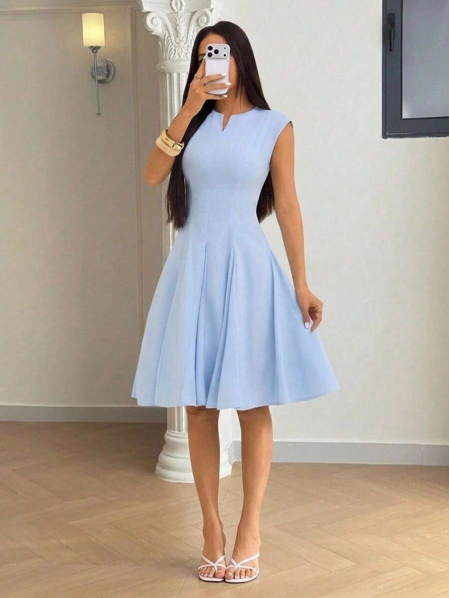 SHEIN PETITE Women's Solid Color Zip Design Cap Sleeve Elegant Mini Dress
