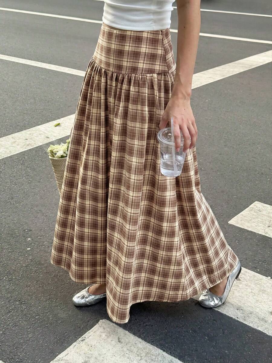 Serisse 女款時尚格紋百褶長裙,適合度假穿著 - 棕色 - 查看 1