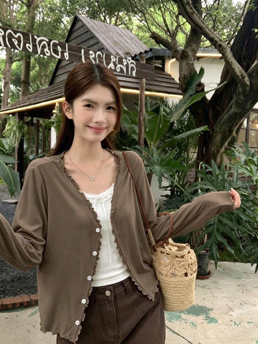 K-Vae 女款度假時尚荷葉邊單排扣長袖薄針織開襟衫 辦公室棕色秋季極簡基礎款 - 咖啡棕 - 查看 1