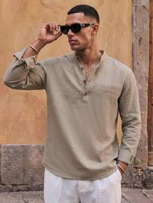 HIMLAND Camisa casual de manga larga con media tapeta de botones de unicolor para hombre - Albaricoque - Ver 3