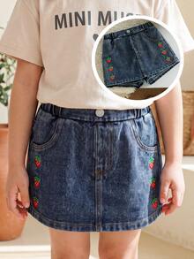 Genkimix Kids 女童時尚休閒可愛草莓刺繡牛仔裙 - 深色水洗藍 - 查看 8