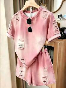 EMERY ROSE 大尺碼女款字母印花仿牛仔短袖T恤與短褲休閒兩件套 - 彩色 - 查看 3