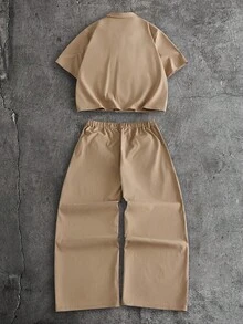 AXEPEAK Men's Solid Color Double Button Pocket Short Sleeve Shirt And Pants Set - Camel - View 2