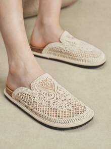 Solecia Sapatos Casuais de Praia e Férias Femininos com Bottom Plano, Bico Redondo e Bordado de Linha - Damasco - Visão 8