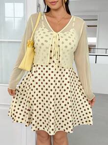 GalTyme Solid Color Front Tie Cardigan & Polka Dot Spaghetti Strap Dress 2pcs Set Plus Size Fall - Multicolor - View 1